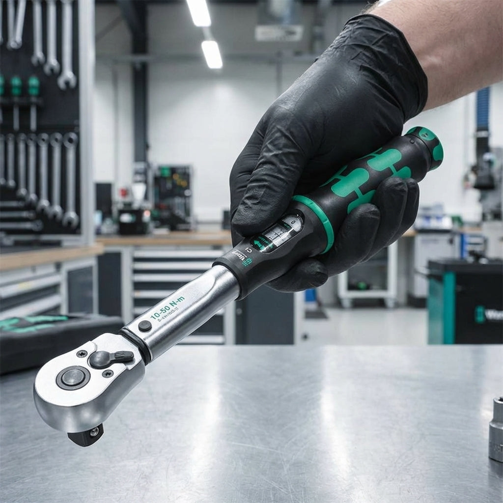 Hand hält Wera Click-Torque C 1 Drehmomentschlüssel 10-50 Nm für präzises Schrauben in der Werkstatt.
