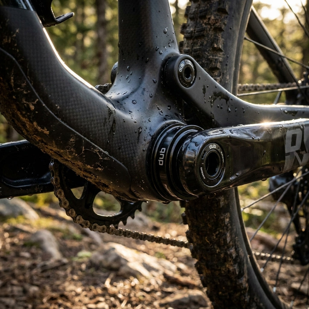 SRAM DUB PressFit 30 MTB Innenlager am Mountainbike-Carbonrahmen, nass und schmutzig.