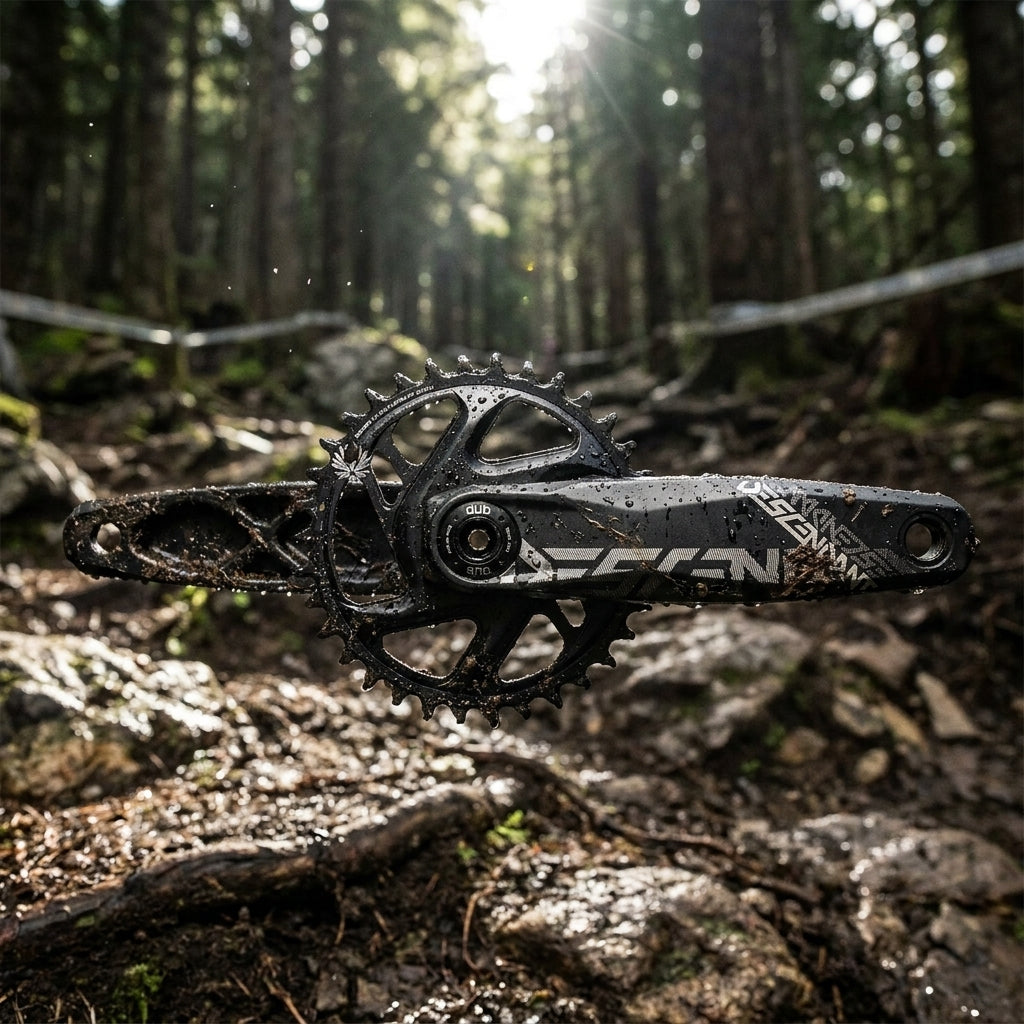 Schwarze Truvativ Descendant DUB Kurbelgarnitur 34 Zähne auf schlammigem Mountainbike-Trail im Wald.