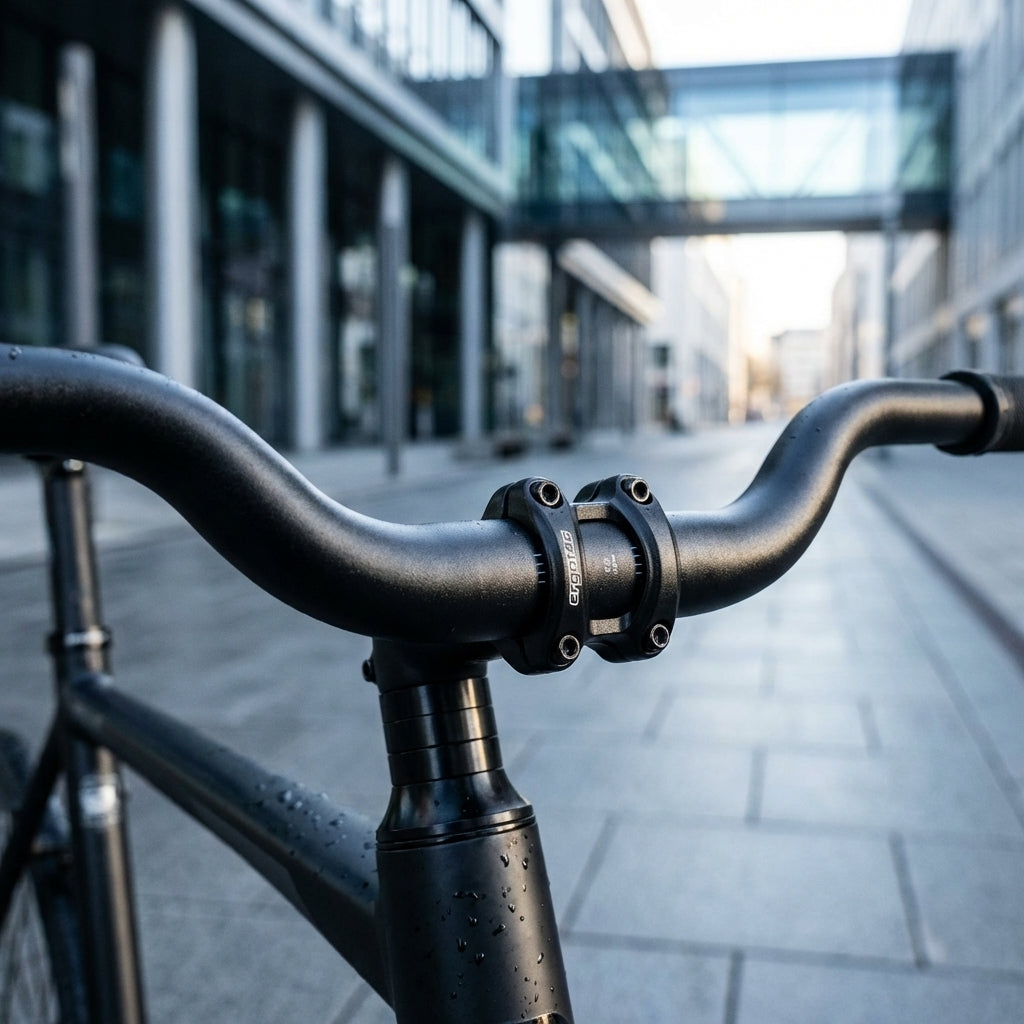 Ergotec M-Bar Lenkerbügel aus Aluminium in Schwarz matt mit 16 Grad Biegung für ergonomisches Fahrradfahren.