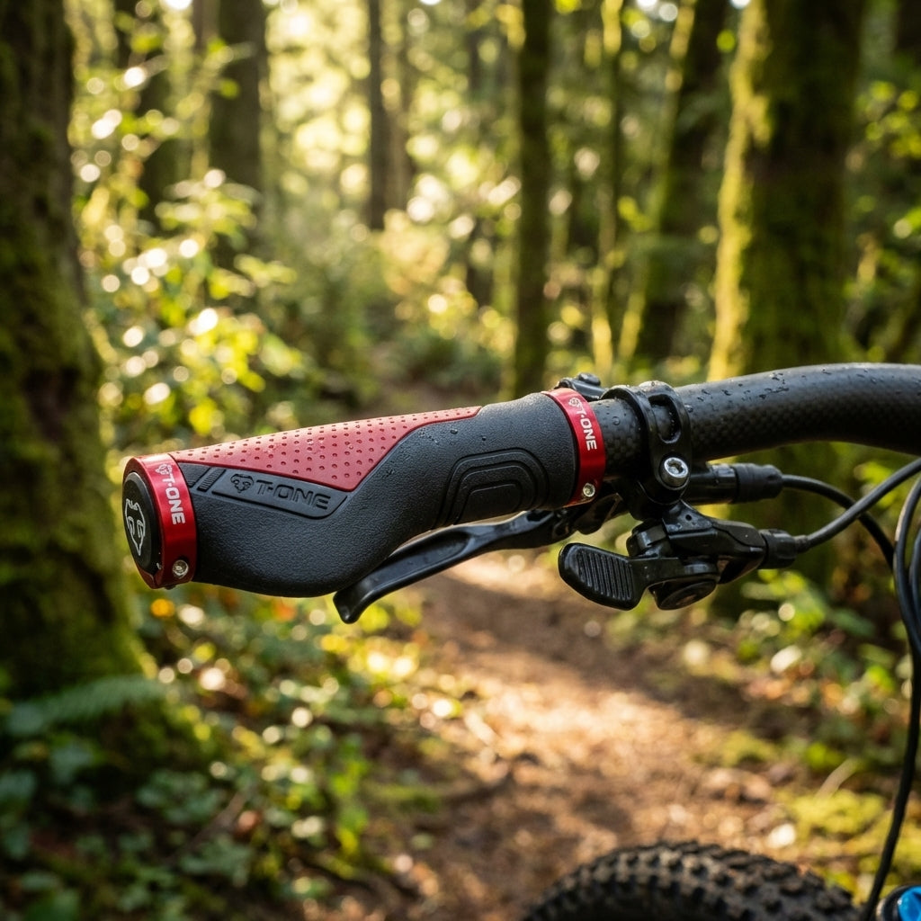 T-One Ripple Ergo Fahrradgriffe in Schwarz-Rot ergonomisch geformt für Mountainbikes mit Schraubensicherung.