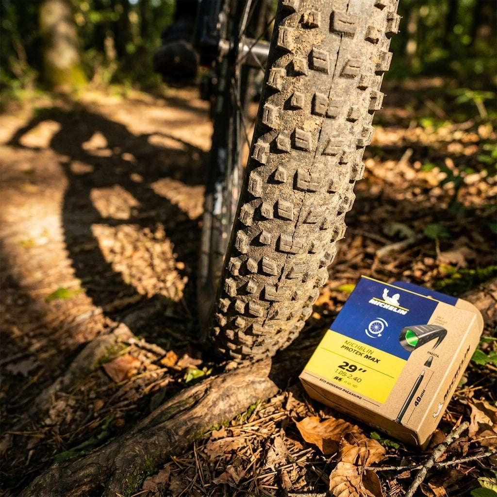 Michelin Protek Max A4 29" Schlauchverpackung (SV 48 mm) neben Mountainbike-Reifen auf Waldweg.