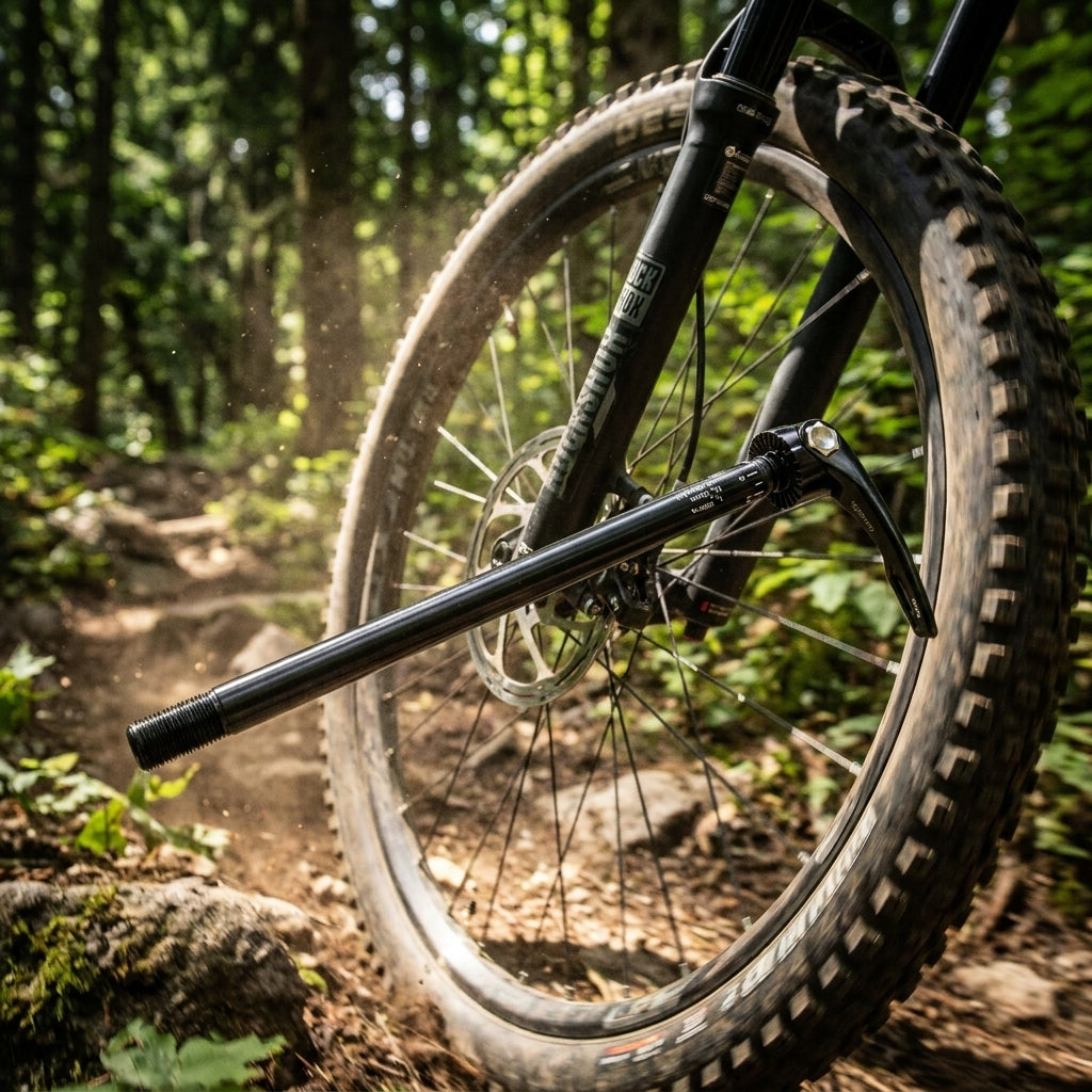 RockShox Maxle Ultimate Steckachse 188 mm am Mountainbike-Vorderrad für maximale Steifigkeit und einfache Handhabung.