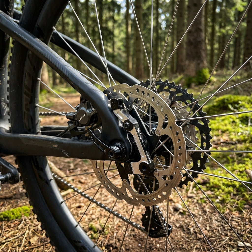 XLC Scheibenbremsadapter BR-X24 für 180mm Bremse am Mountainbike-Hinterrad im Wald.