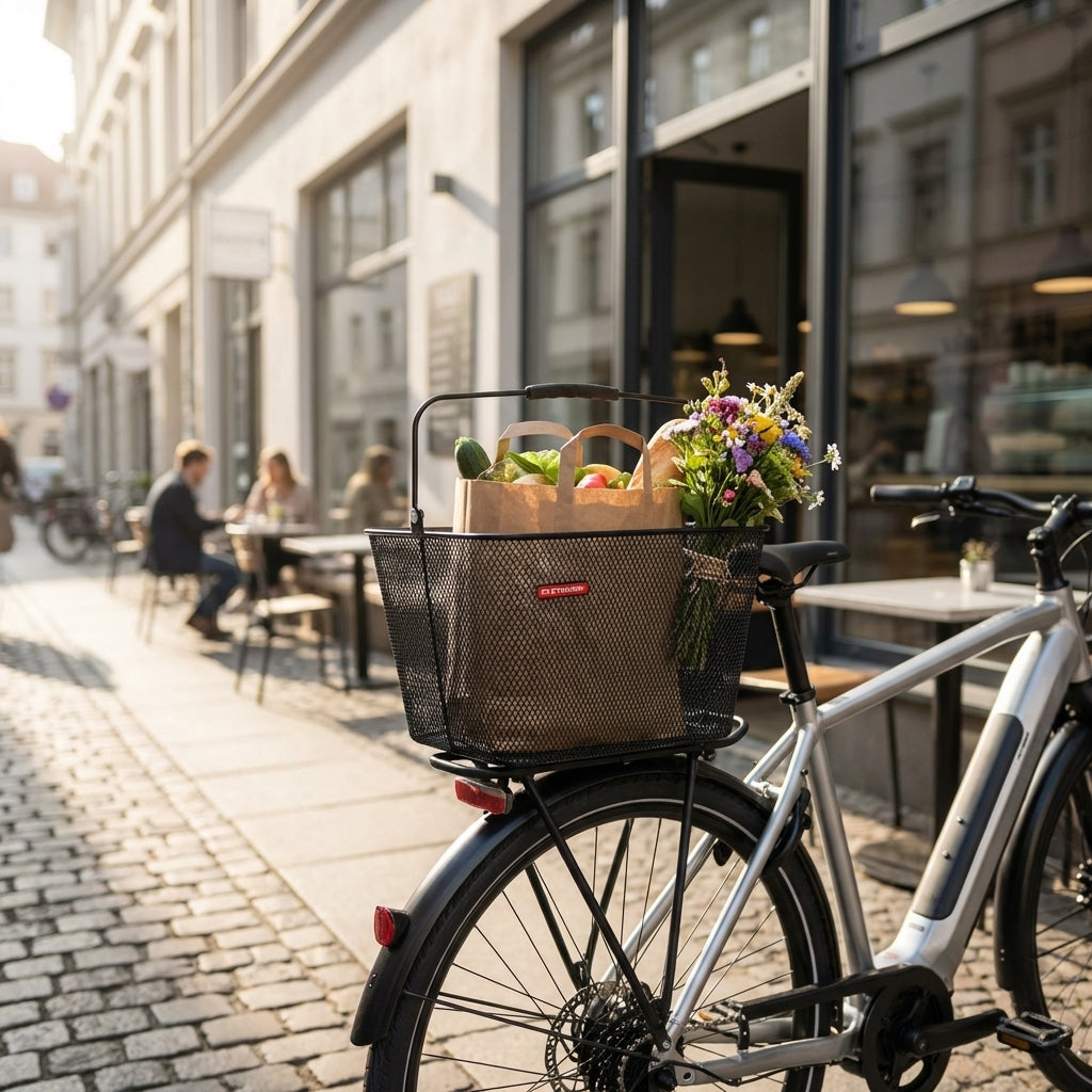 Pletscher Fahrrad-Hinterradkorb schwarz, feinmaschig, mit Einkäufen und Blumen am E-Bike auf urbaner Straße.