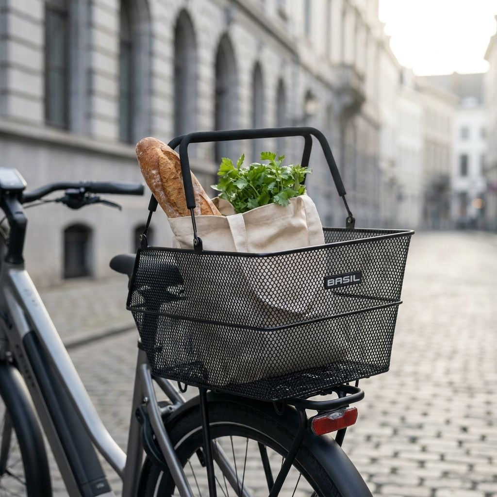 Schwarzer Basil Cento MIK 2.0 Hinterradkorb aus feinmaschigem Stahl mit MIK-Platte auf Fahrrad, gefüllt mit Einkauf.