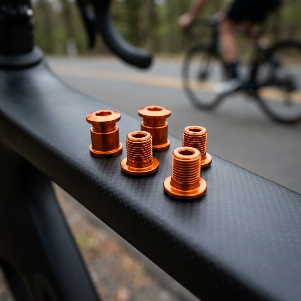 XLC Kettenblattschrauben Set 5x orange aus Aluminium 7075. Hochwertige Fahrradschrauben für individuelles Bike-Styling.