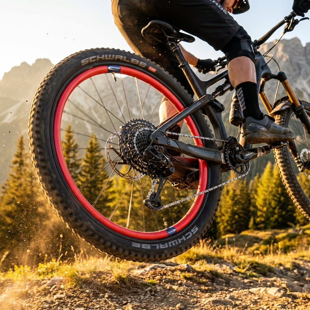 Schwalbe Aerothan MTB-Schlauch ROT: Mountainbiker in Aktion mit roter Felge auf staubigem Trail.