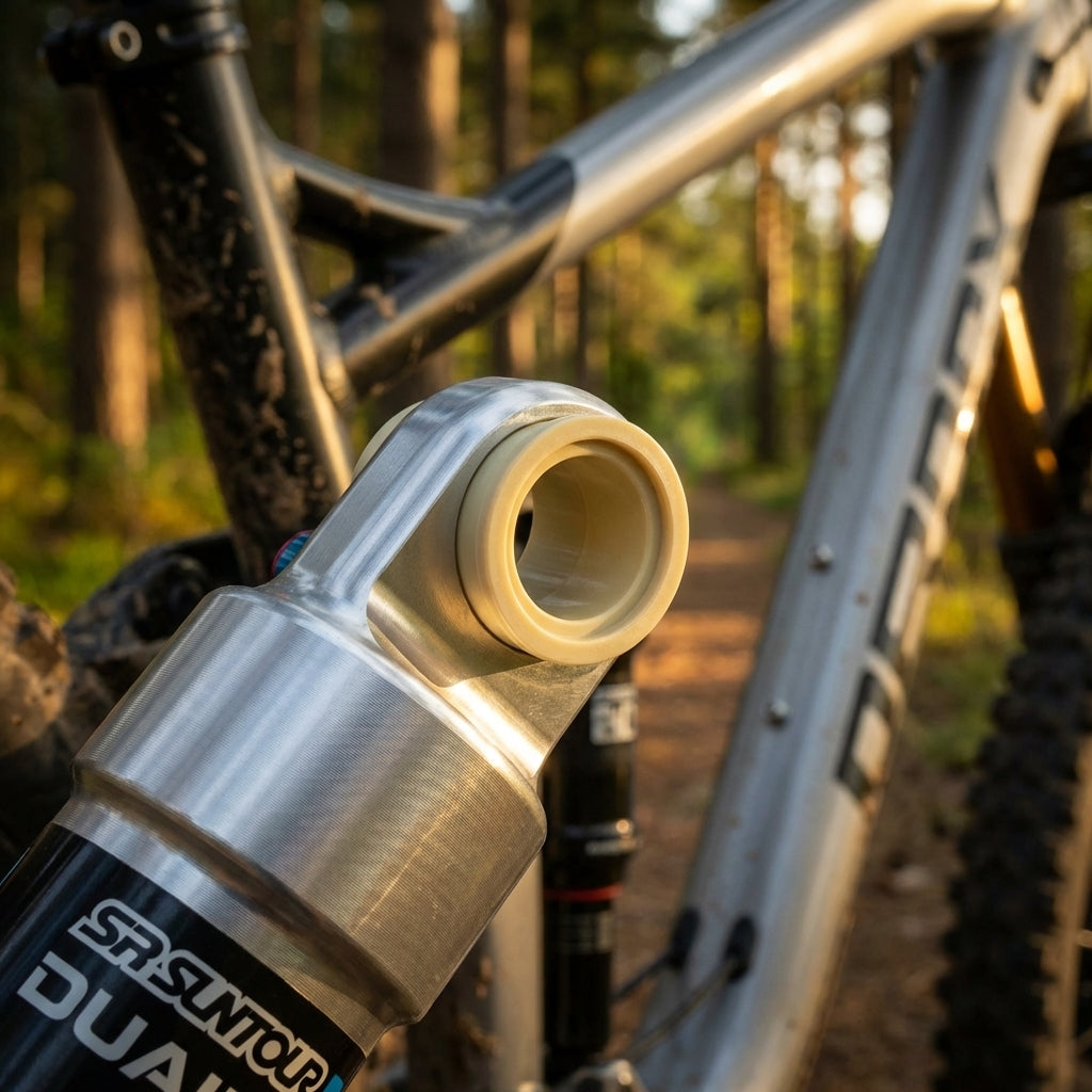 SR-Suntour Kunststoffbuchse IGUS 8x35mm für Dämpfer DUAIR, Detailansicht am Mountainbike-Federbein.