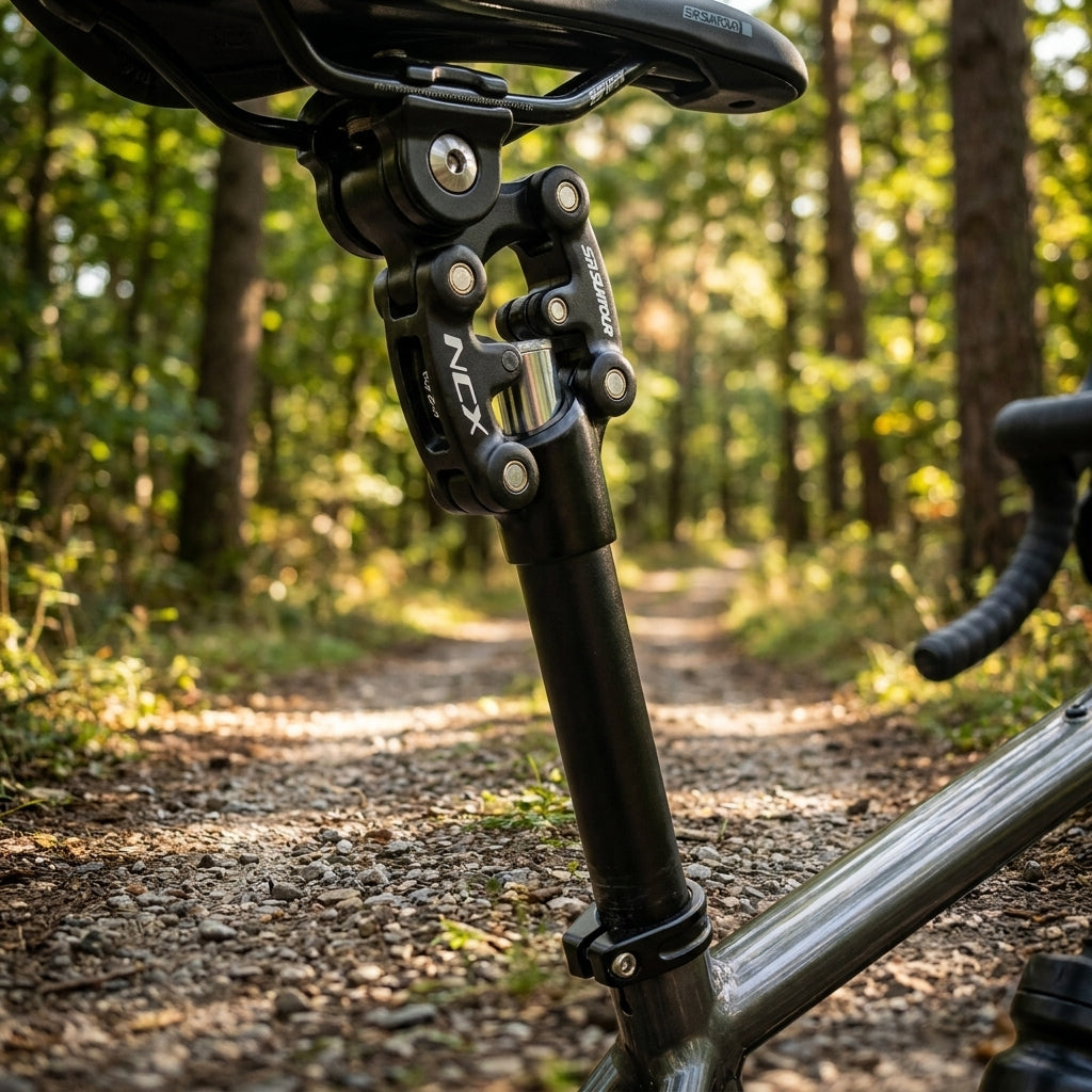 Schwarze SR-Suntour SP12 NCX Federsattelstütze am Fahrrad auf einem Waldweg.