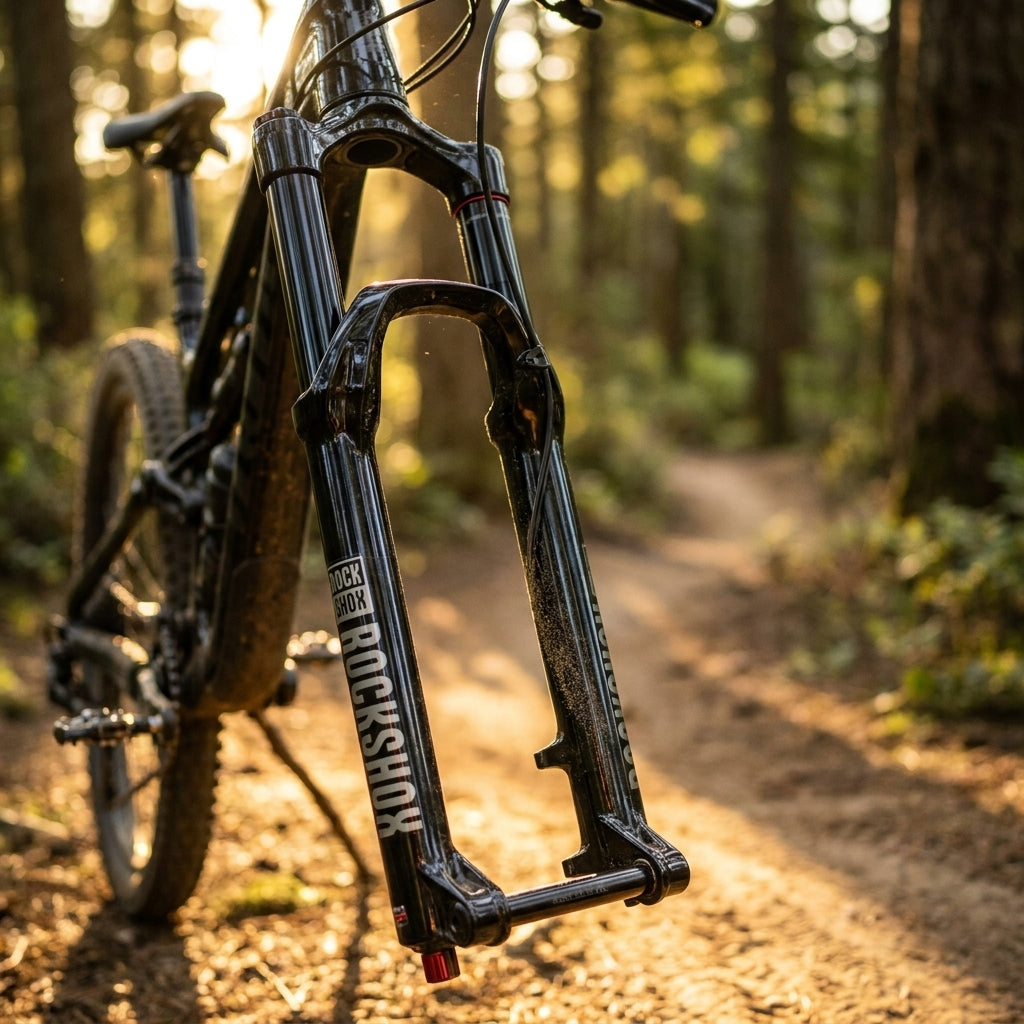 RockShox Pike CSU Gabel-Standrohr+Brücke, glanzschwarz, an Mountainbike auf sonnigem Waldweg.