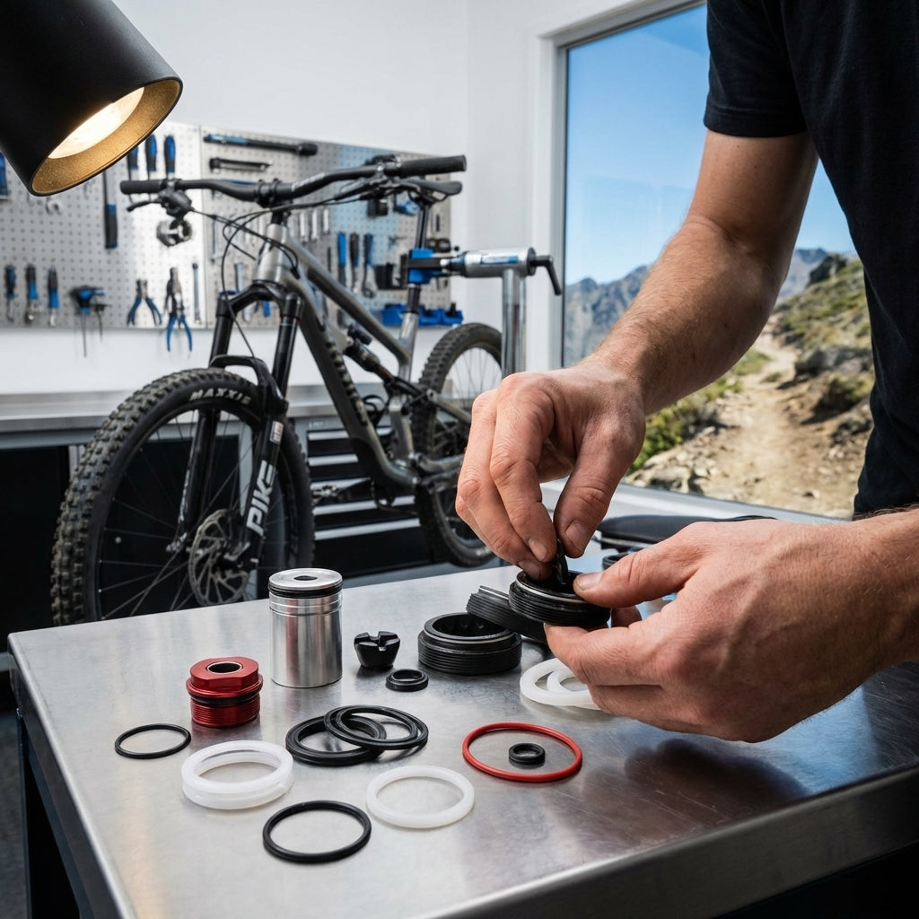 Mann wartet RockShox Pike Debon Air Federgabel mit Service-Kit, Dichtungen und Werkzeugen auf Werkbank.