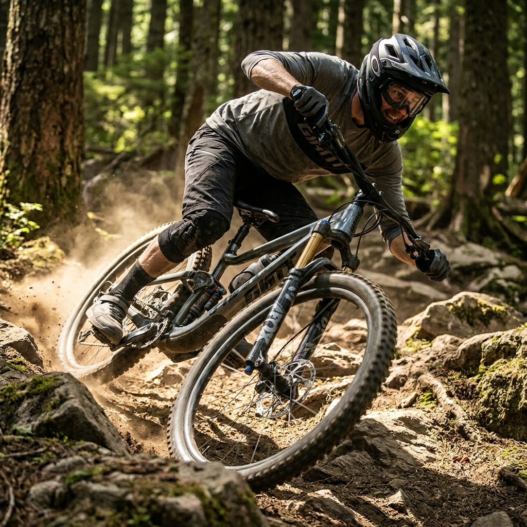 FOX LIVE m2a Controller am Giant Reign Mountainbike auf einem anspruchsvollen Trail für maximale Kontrolle und Grip.