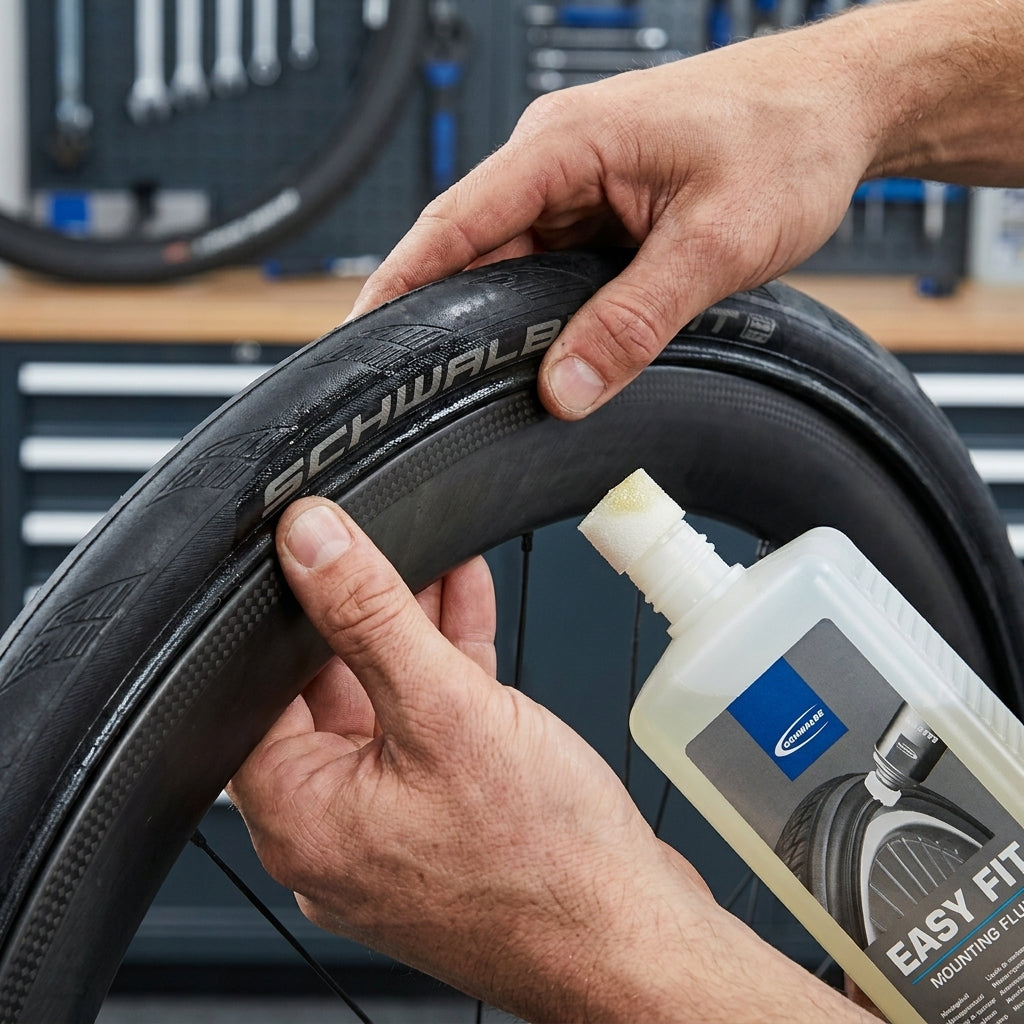 Person trägt Schwalbe Easy Fit Montagefluid auf Fahrradreifen auf zur einfachen Montage.