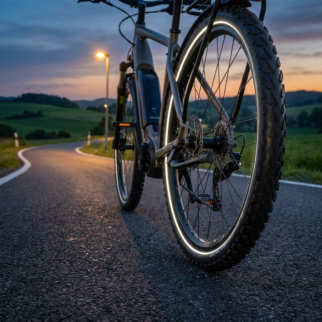Schwalbe Land Cruiser Plus schwarz Reflex Reifen am E-Bike auf asphaltierter Straße bei Sonnenuntergang.