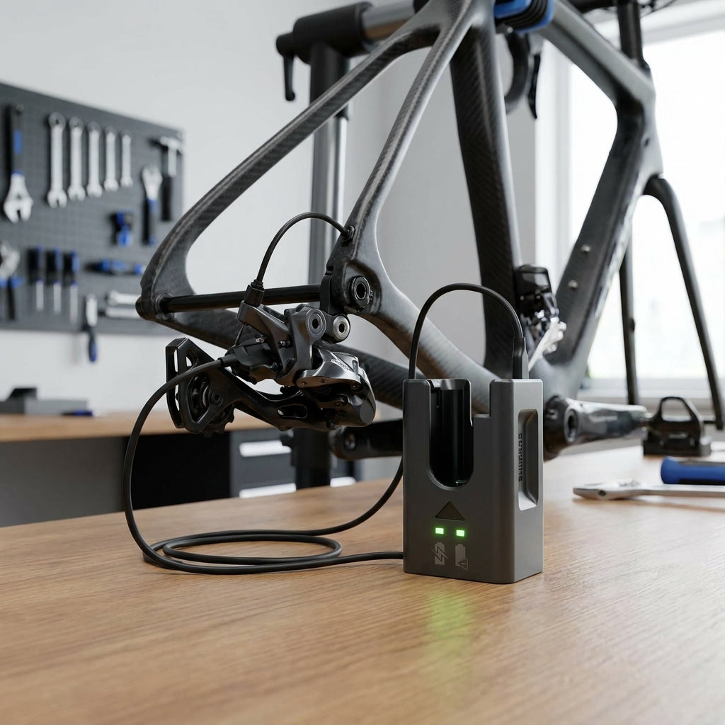 SHIMANO EC-DN100 Ladegerät für Di2 Komponenten lädt Schaltwerk am Carbon-Rennradrahmen in Werkstatt.