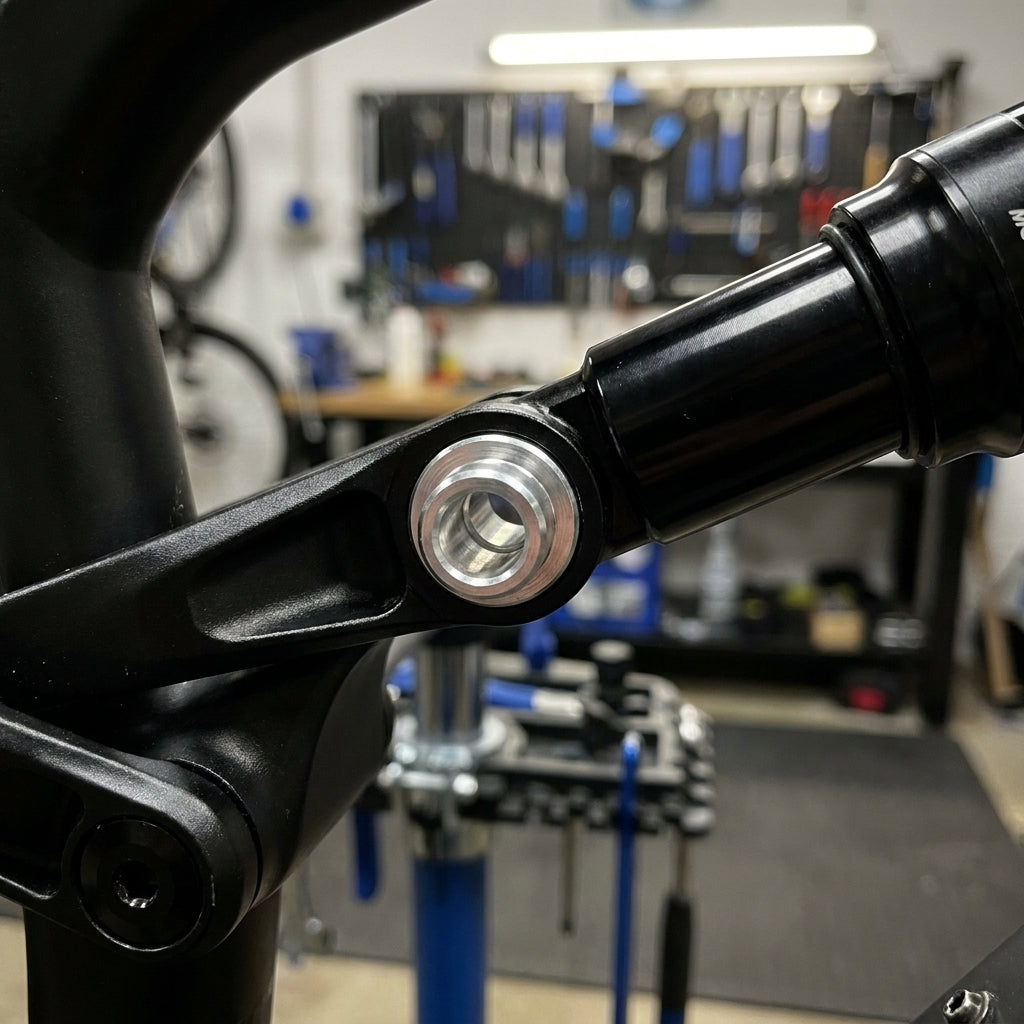 Silberne KindShock Alu Buchse 12mm in schwarzem Dämpferauge am Fahrrad-Hinterbau montiert, Werkstatt-Hintergrund.