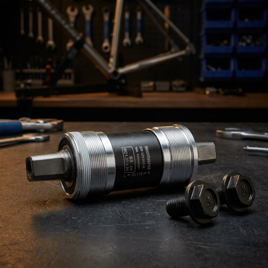 SHIMANO BB-UN300-K Innenlager 68/118mm BSA, zuverlässige Fahrrad-Performance, mit Schrauben in Werkstatt.