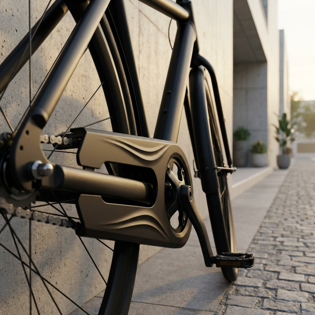 Hebie Kettenschutz 0342 Wave-Form schwarz am Fahrrad, Detailaufnahme.