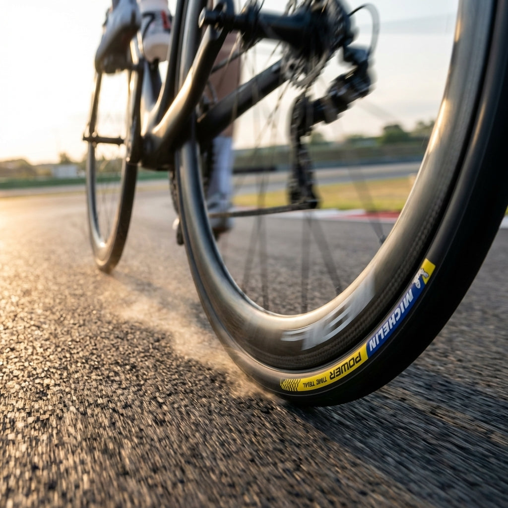 Michelin Power Time Trial Fahrradreifen 28x0.90 Zoll schwarz auf Rennstrecke.