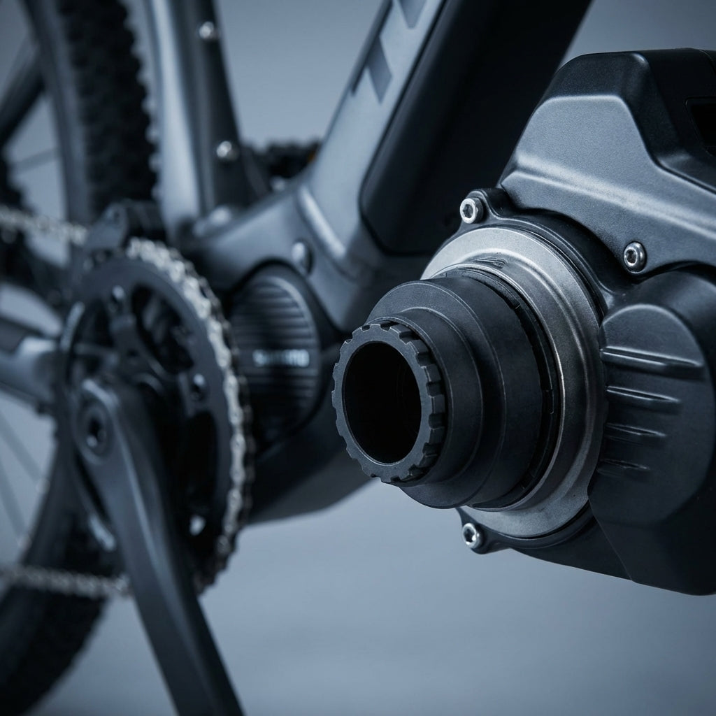 Nahaufnahme Shimano E8000/7000/6100 E-Bike Motor mit Kettenblatt-Lockring für XLC Lockringtool TO-E03.