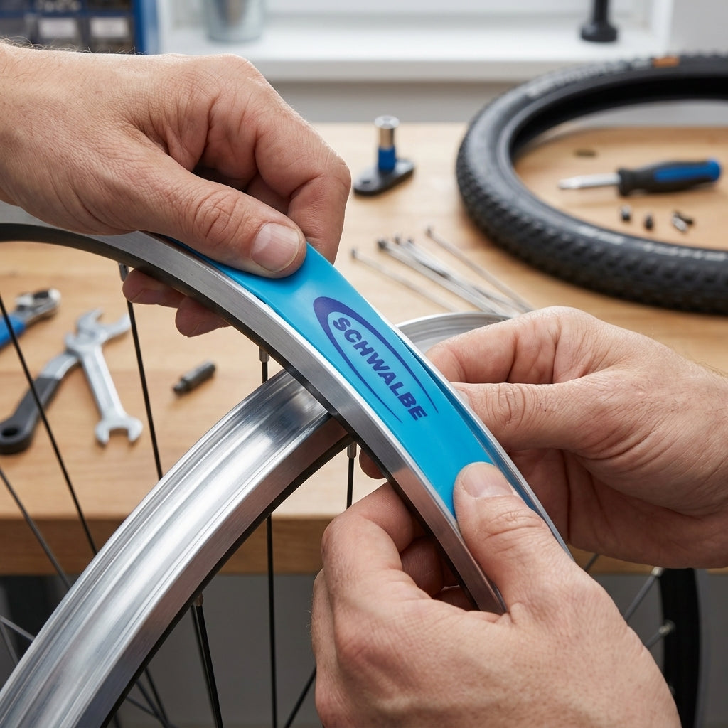 Hände montieren blaues Schwalbe Felgenband Super HP 26" 32-559 auf eine Fahrradfelge.
