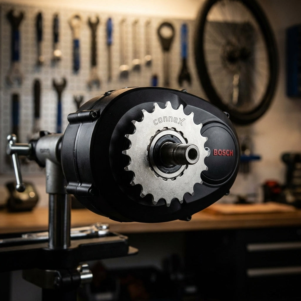 Silbernes Connex Antriebsritzel 15 Zähne an Bosch E-Bike Motor auf Montageständer in Werkstatt.