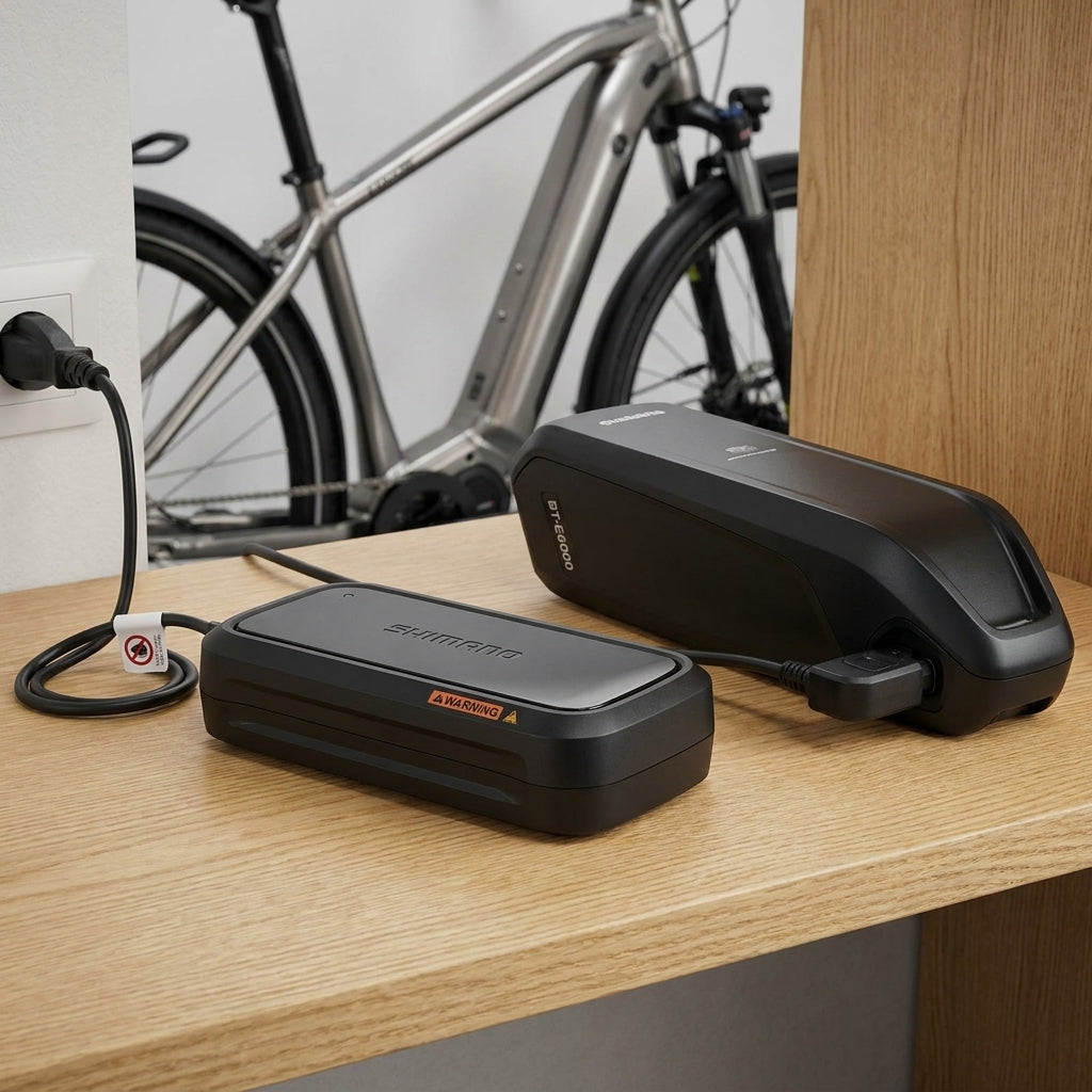 SHIMANO E-Bike Akku-Ladegerät EC-E6002 lädt einen SHIMANO BT-E6000 Akku, E-Bike im Hintergrund.