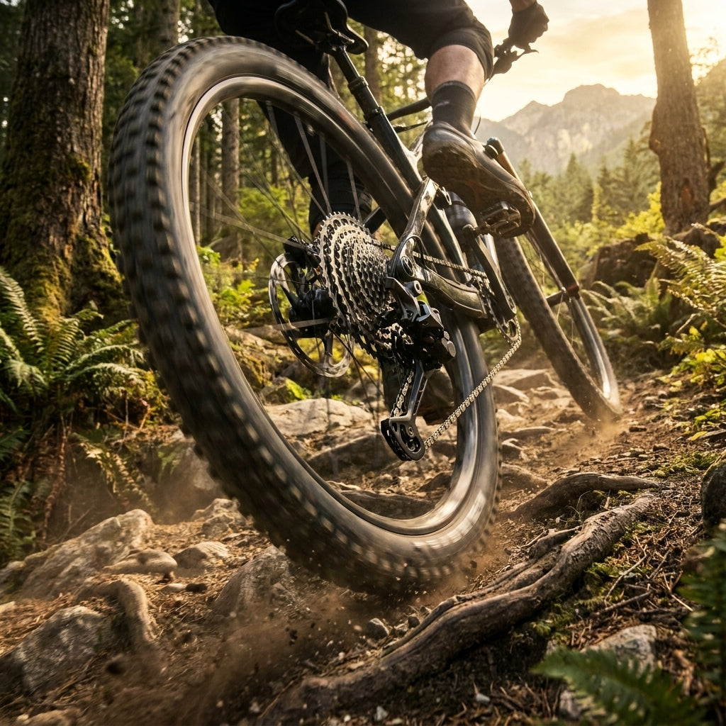 SHIMANO DEORE XT RD-M8120 12-fach Schaltwerk am Mountainbike in Aktion auf felsigem Trail.