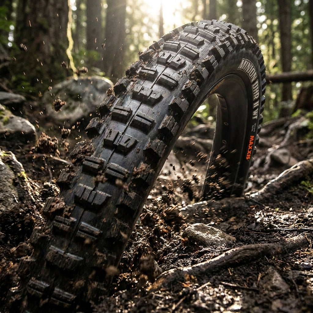 Maxxis Minion DHR II WT 29x2.40 schwarzer Fahrradreifen auf matschigem Waldweg, robustes Profil, Dreck spritzt.
