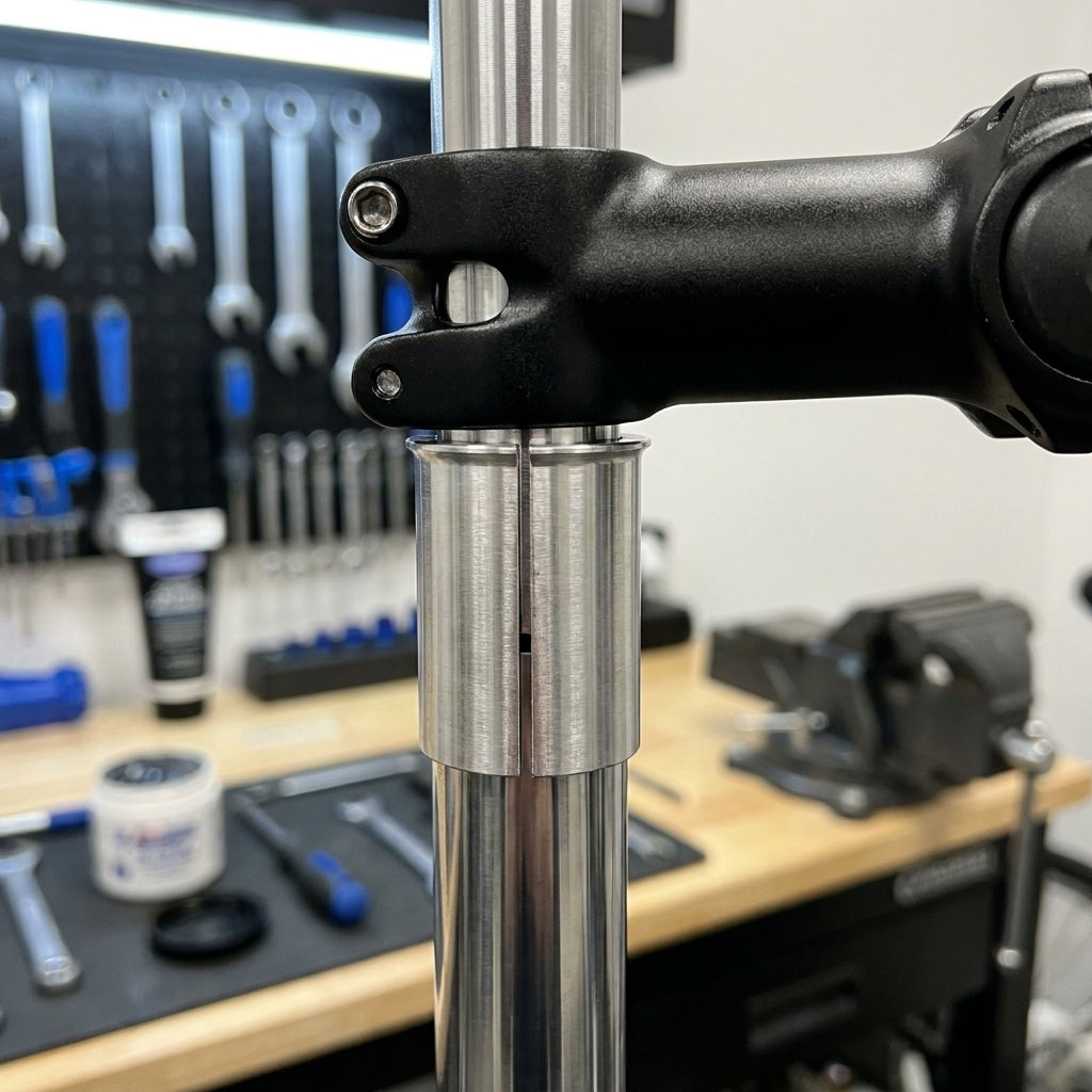 A-Head Reduzierhülse 25,4/28,6mm für Vorbau 1 1/8" auf Gabel 1", 40mm Höhe, silber, in Werkstatt.