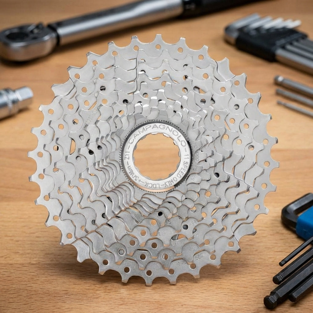 Campagnolo Zahnkranz-Kassette Centaur 11s CS18-CE22 12-32 Z. auf Holzwerkbank mit Werkzeug.
