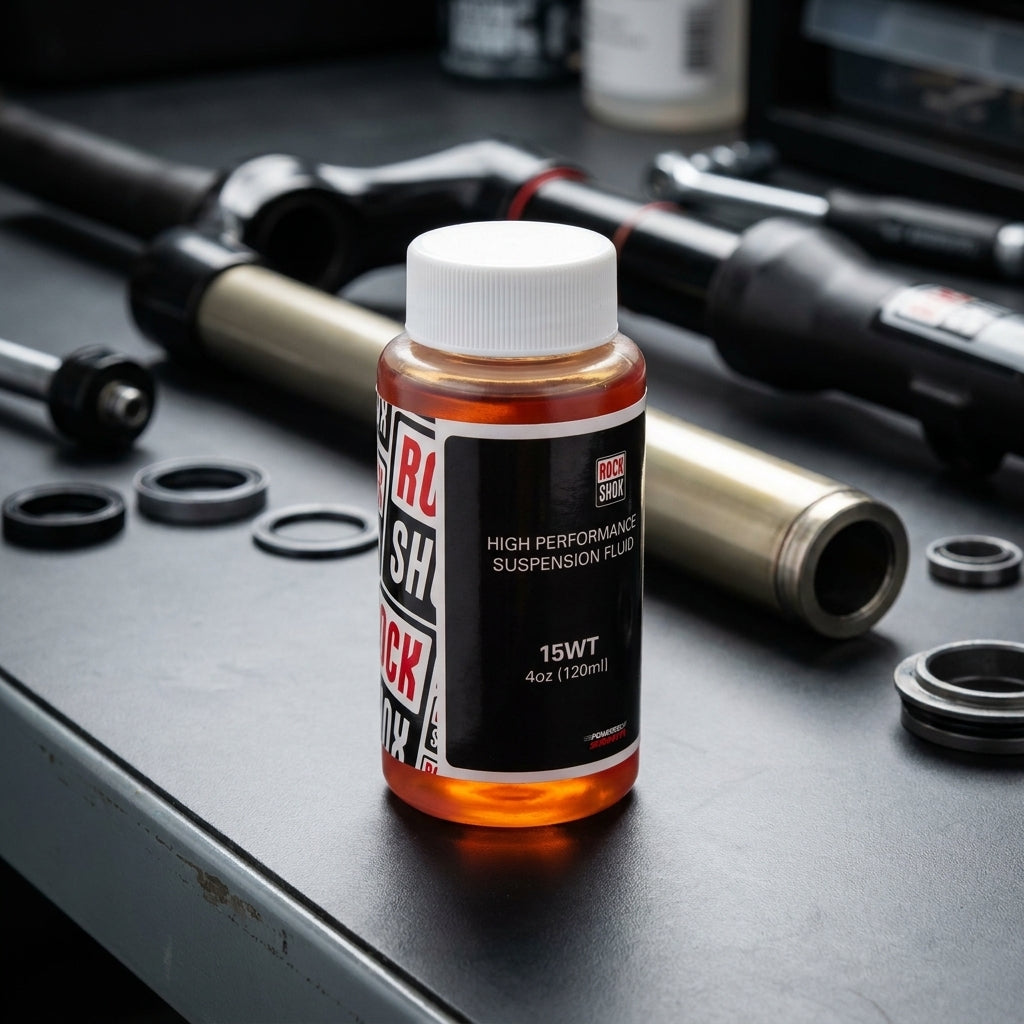 RockShox Federgabelöl 15WT 120ml Flasche auf Werkbank mit Federgabelteilen zur Fahrradwartung.