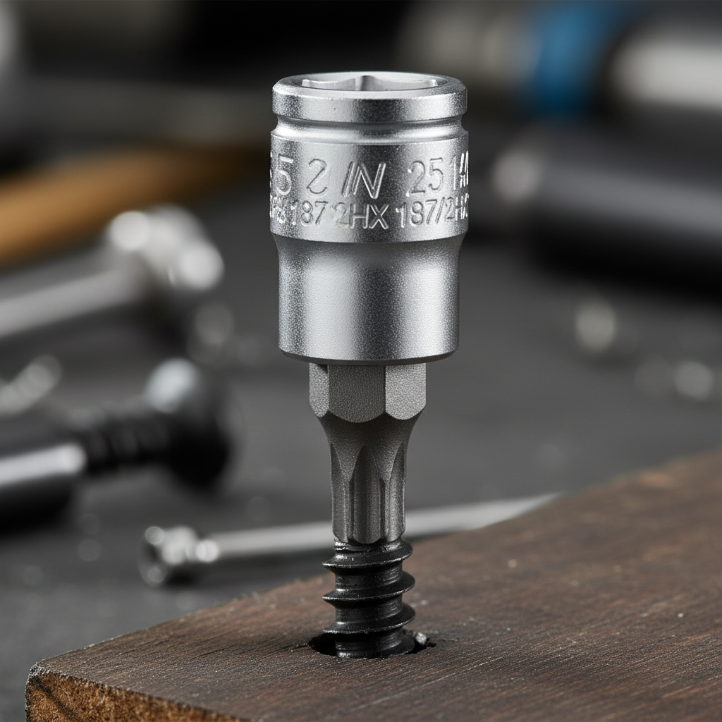 Unior Schraubendrehereinsatz 1/4" mit TX-Profil 25 in schwarzer Schraube im Holz.