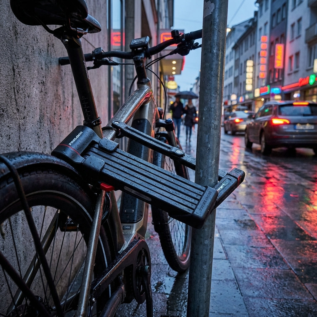 Trelock Faltschloss FS 480 / 100 Cops sichert E-Bike an Pfosten auf nasser Stadtstraße bei Dämmerung.