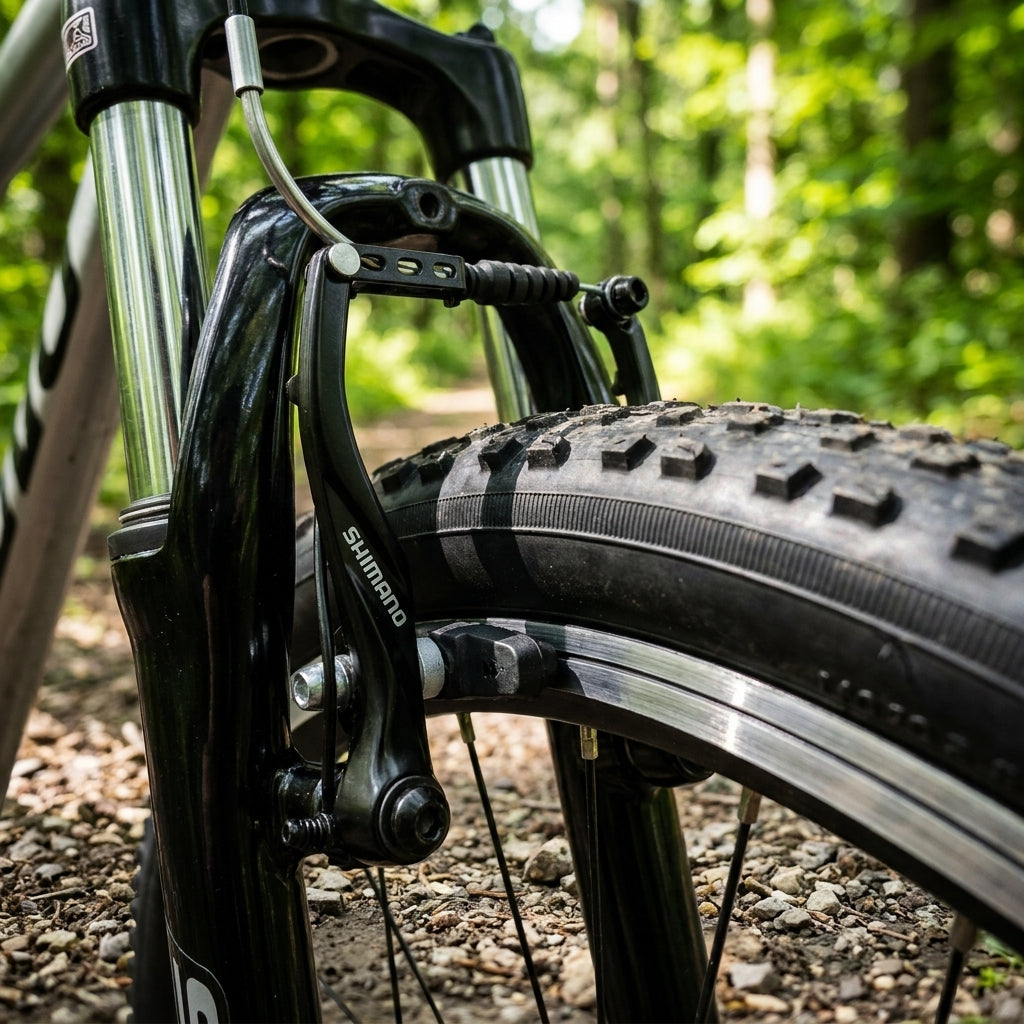 SHIMANO ALIVIO BR-T4000 V-Bremse am Mountainbike-Vorderrad im Wald. Leistungsstarke Fahrradbremse für MTB & Trekking.