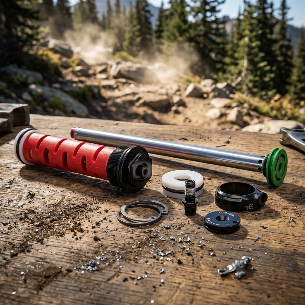 RockShox Gabeldämpfer Kit RS 35 RL Crown MoCo intern, zerlegt auf Holztisch vor staubigem Mountainbike-Trail.