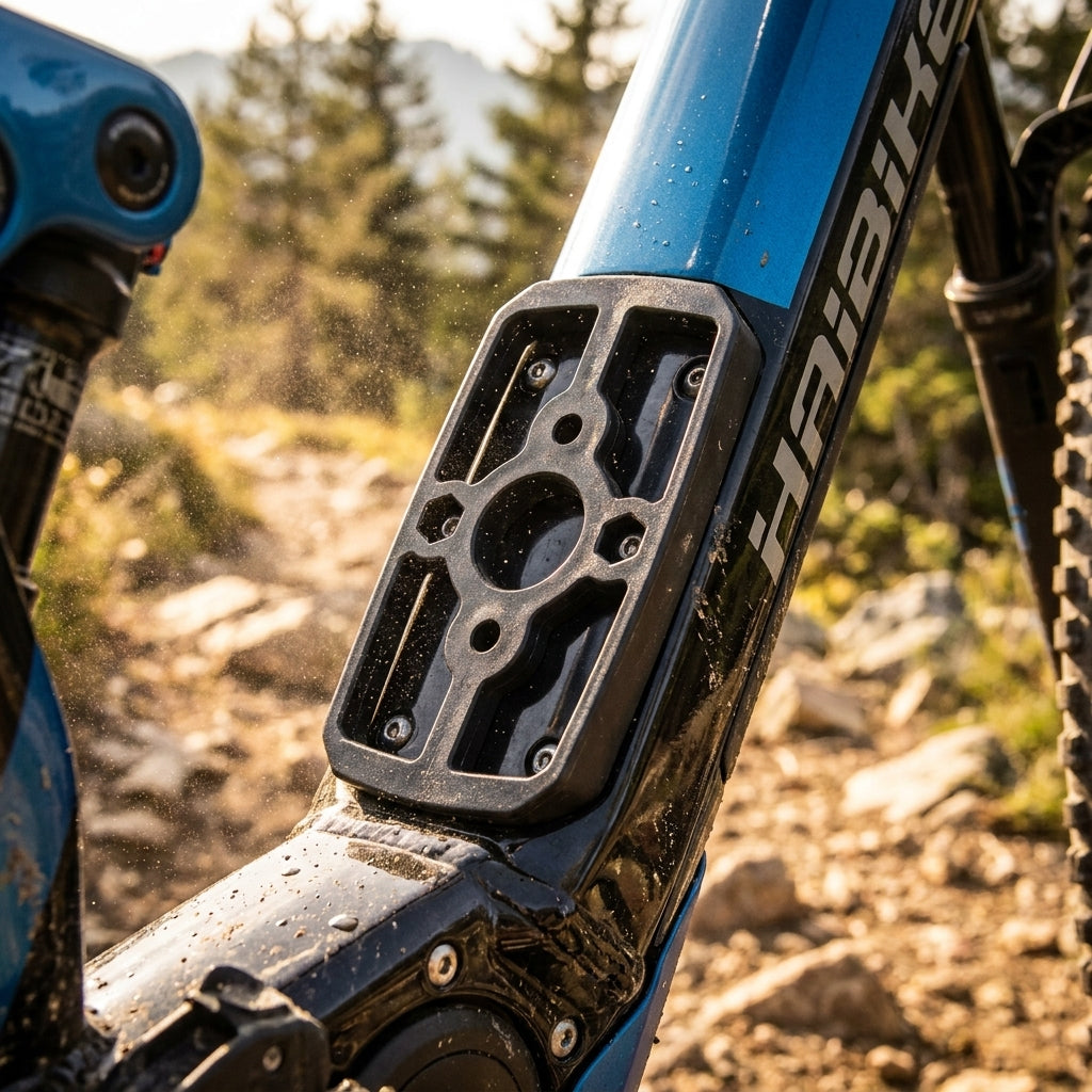 Blaues Haibike E-Bike mit Yamaha Angle Shimano Akkumontage-Halterung am Rahmen auf Trail.