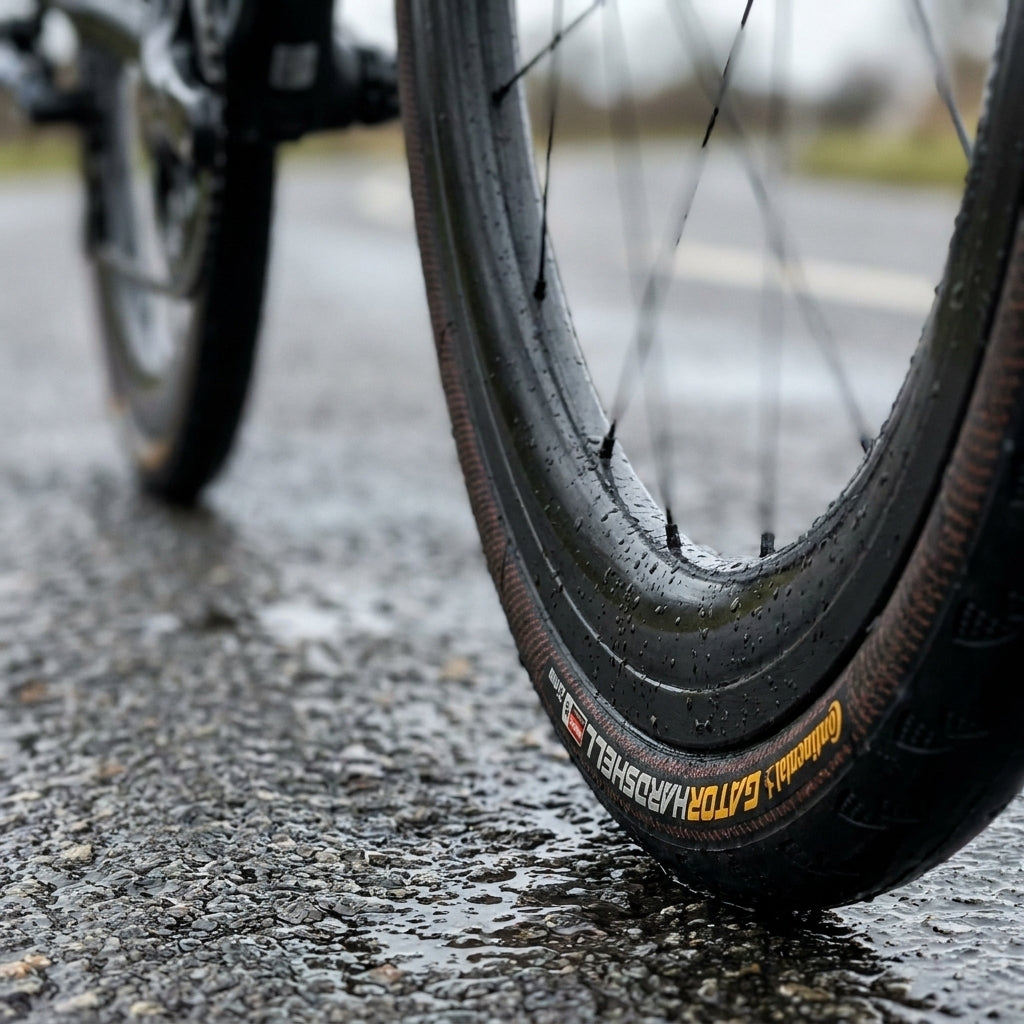 Nasses Continental Gator Hardshell Rennradreifen 700x25C auf Asphalt, für maximalen Pannenschutz.