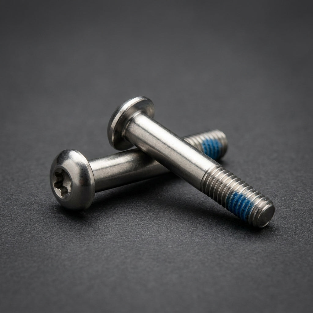 SRAM Edelstahl Flat Mount Bremssattel Schrauben 37mm mit blauem Gewinde auf Schwarz.