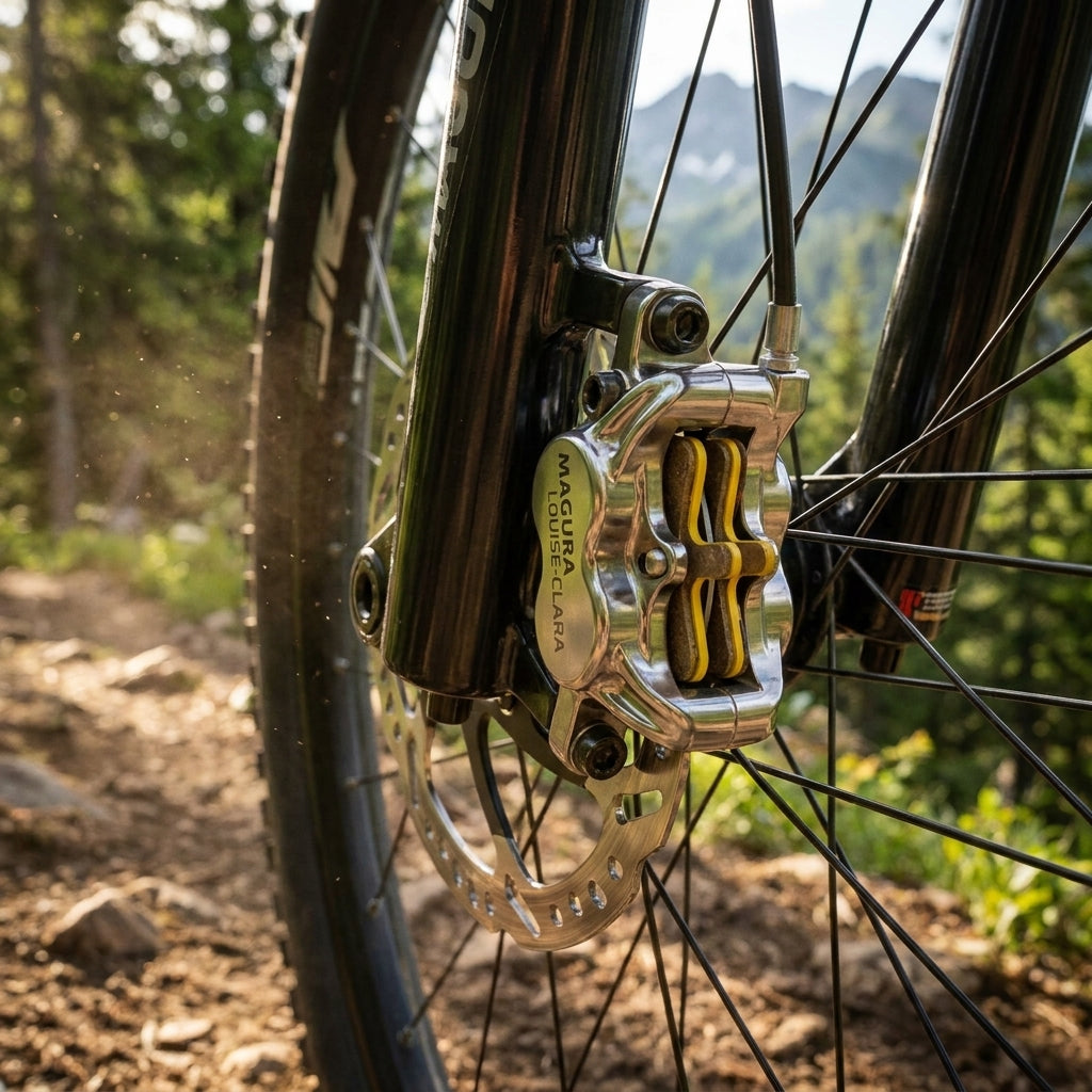 Nahaufnahme Magura Louise Clara Bremse mit gelben NG Sports Semi-Metall Bremsbelägen am MTB-Vorderrad auf Trail.
