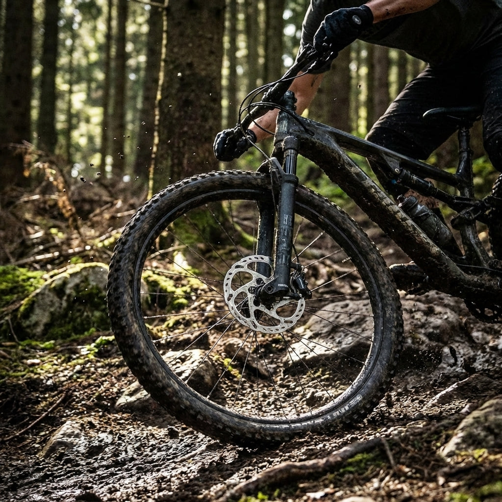 Shimano D03S organische Scheibenbremsbeläge am Mountainbike auf schlammigem Trail im Wald.