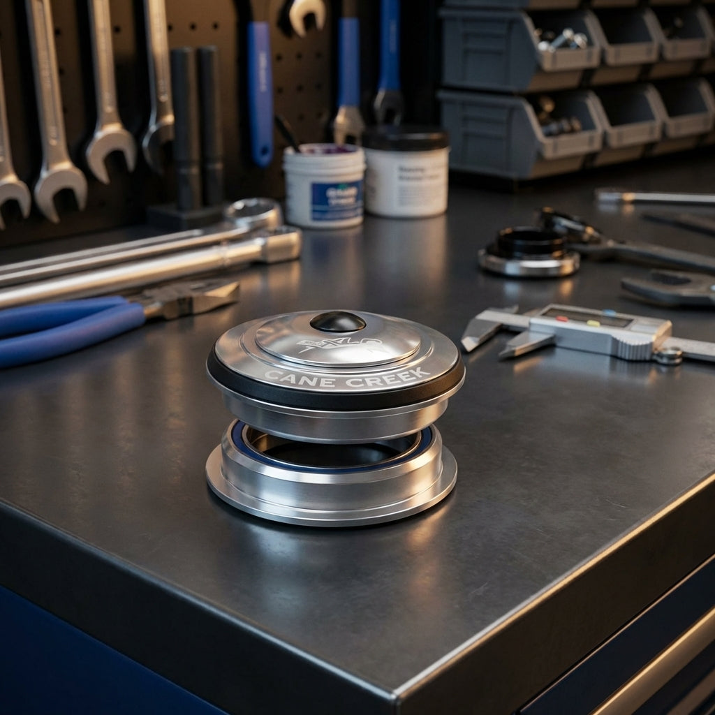 XLC Comp A-Headsteuersatz HS-I02 1 1/8" silber, semi integriert auf Werkbank mit Werkzeug.