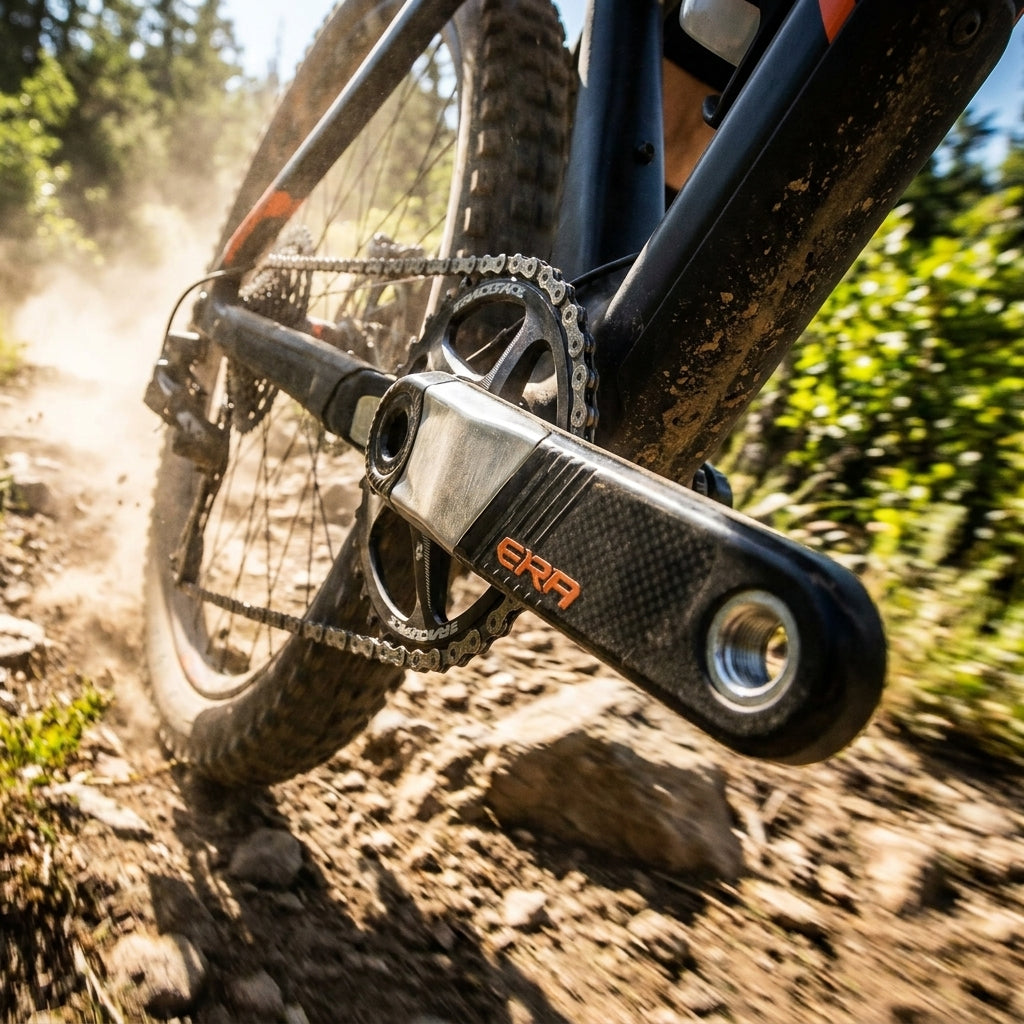 Race Face Era Carbon Kurbel (orange ERA) am Mountainbike in Aktion auf staubigem Trail. Leichte High-Performance.