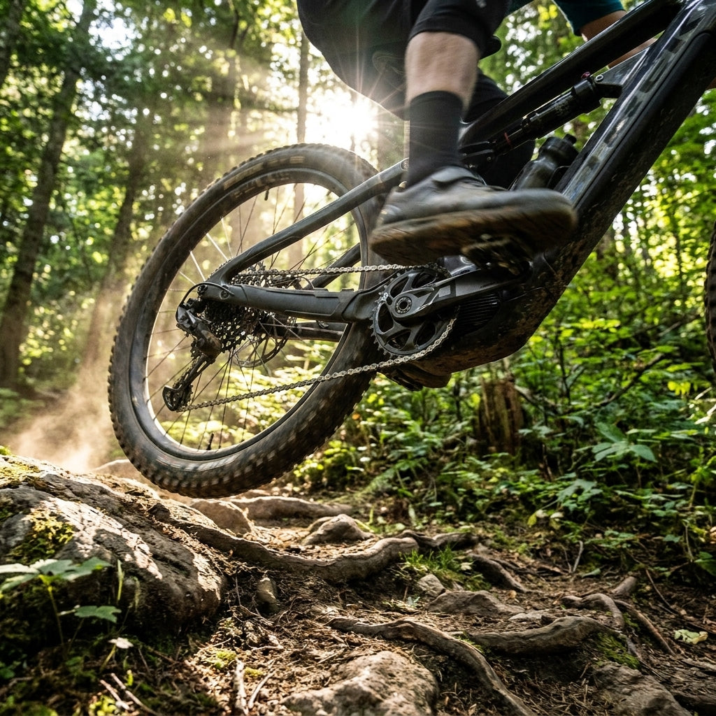 SRAM Eagle 70 ISIS E-MTB Kurbelarme an robustem E-Mountainbike auf einem sonnigen Waldtrail.
