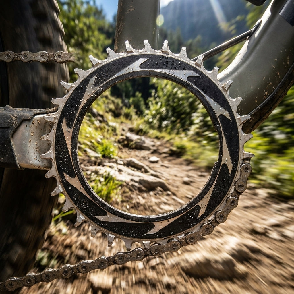 SRAM Kettenblatt T-Type Eagle Powermeter 34T auf MTB-Trail. Präzise Performance für Eagle-Antriebe.