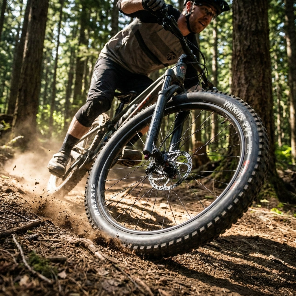 Maxxis Rekon 27.5x2.60 Draht MTB Reifen auf Mountainbike in Aktion im Wald.