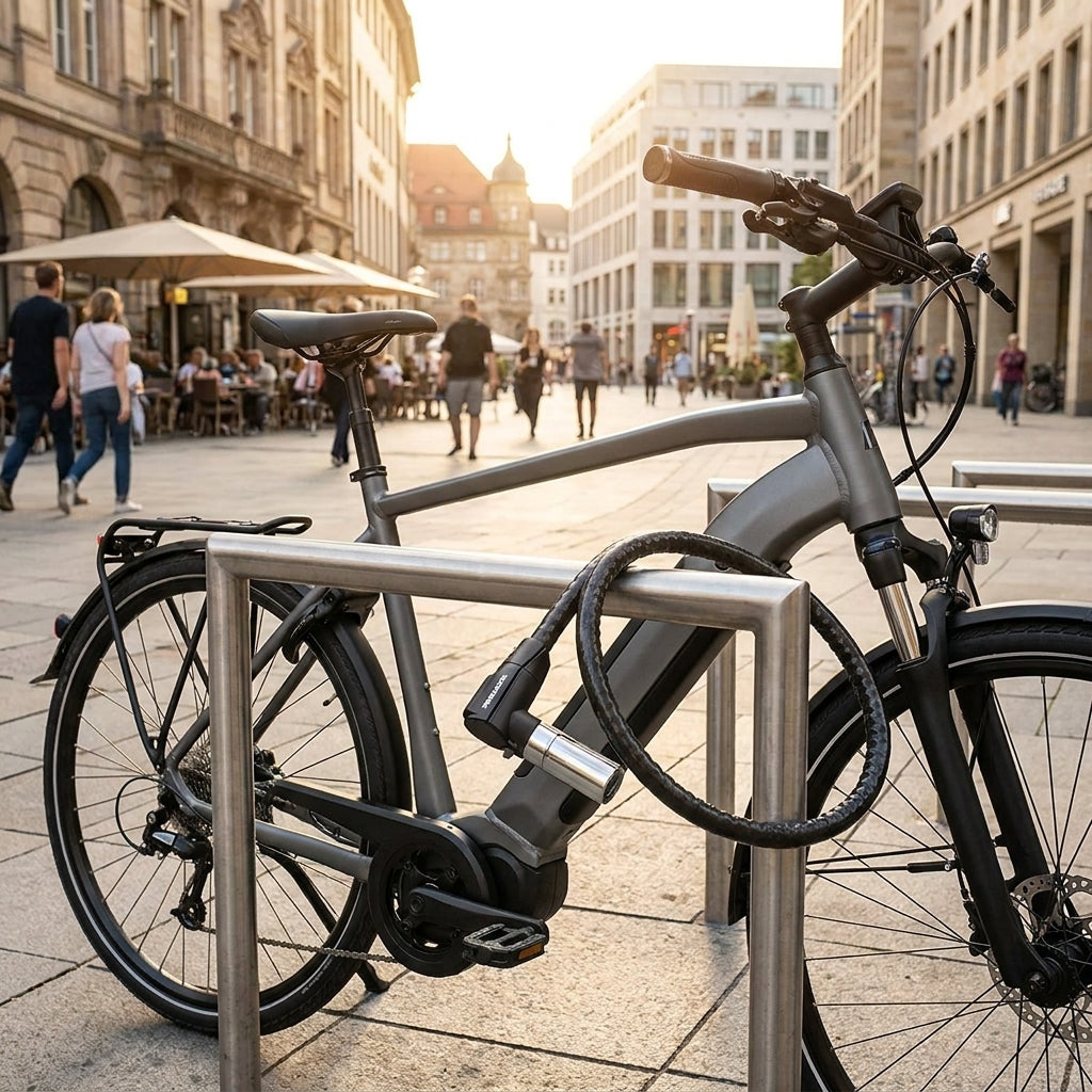 Graues E-Bike mit leichtem, sicherem TRELOCK PK 460 Panzerkabelschloss an Fahrradständer in belebter Stadt.