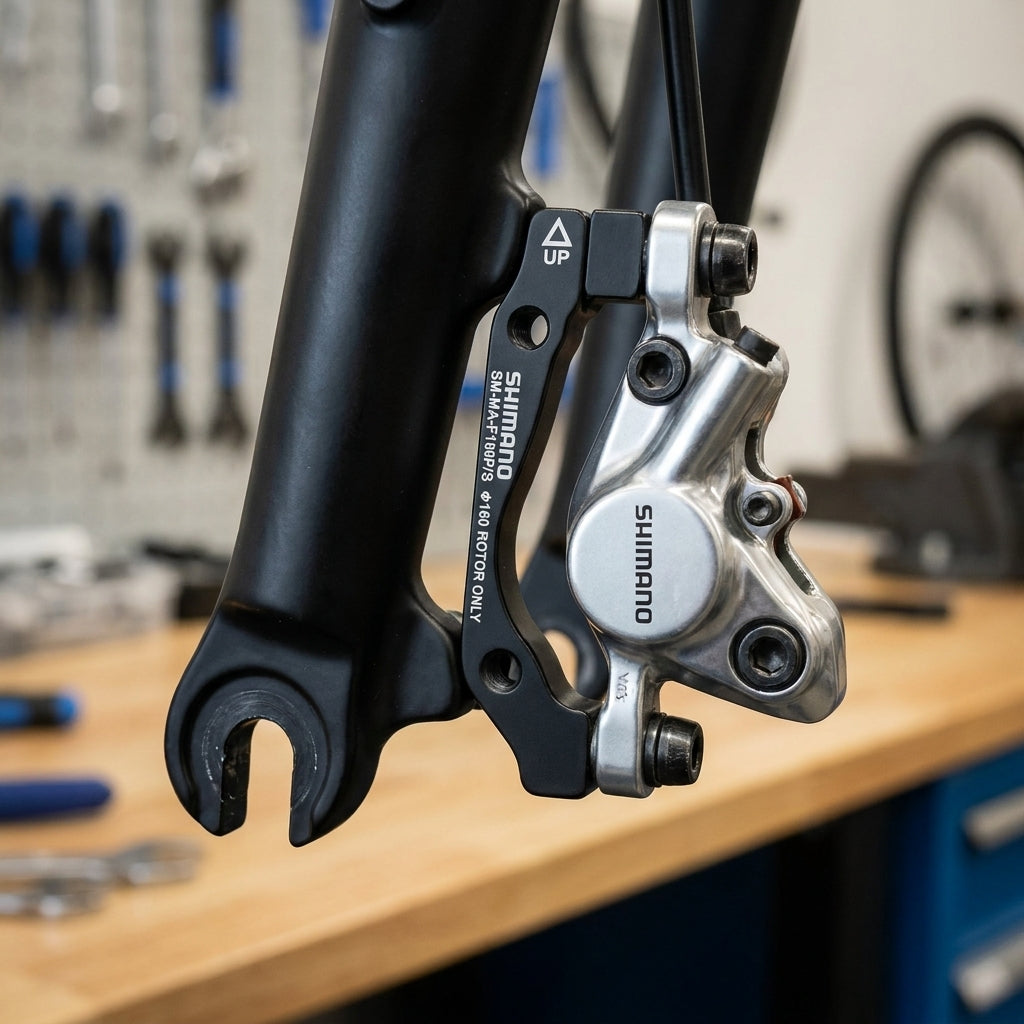 SHIMANO Scheibenbremsadapter vorne PM IS für 160mm Bremsscheiben an einer Fahrradgabel montiert.