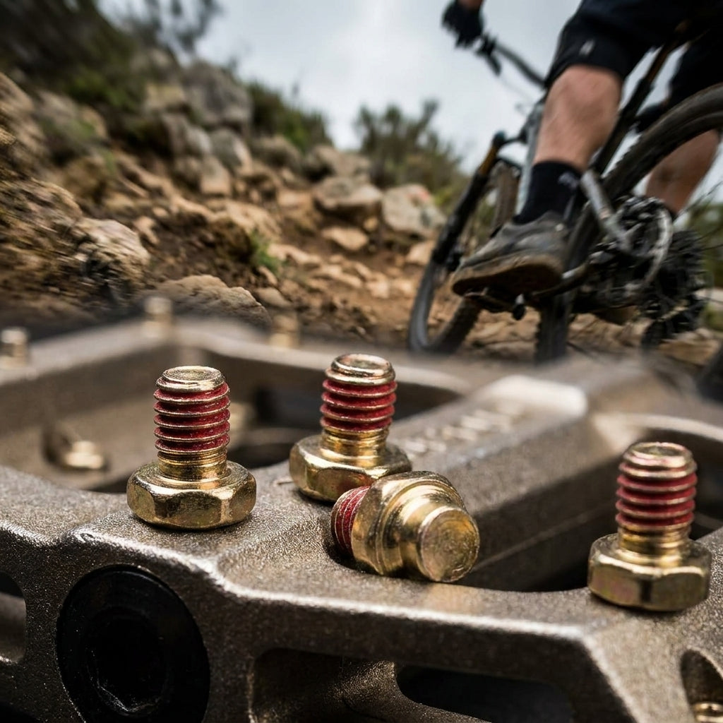 Xpedo Pinset Straight-Type Gewinde 4,5mm auf Mountainbike-Pedal, Biker auf Felsen im Hintergrund.
